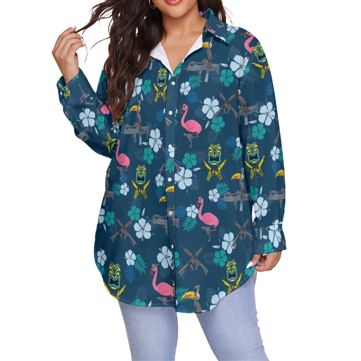 Funny Tactical Parrot Flamingo Hibiscus Hawaiian Plus Size Shirt For Women - variant image 1