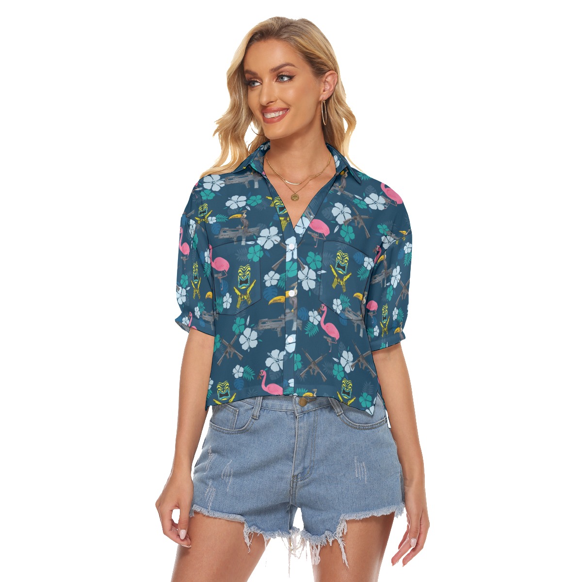 Hibiscus Parrot Tiki Gun Navy Hawaiian Cropped Shirt For Women - variant image 1