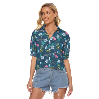 Hibiscus Parrot Tiki Gun Navy Hawaiian Cropped Shirt For Women