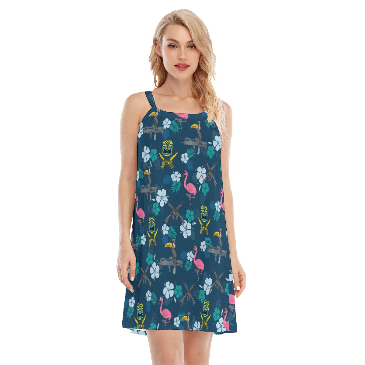 Funny Tactical Parrot Tiki Navy Hawaiian Cami Dresses For Women - variant image 1
