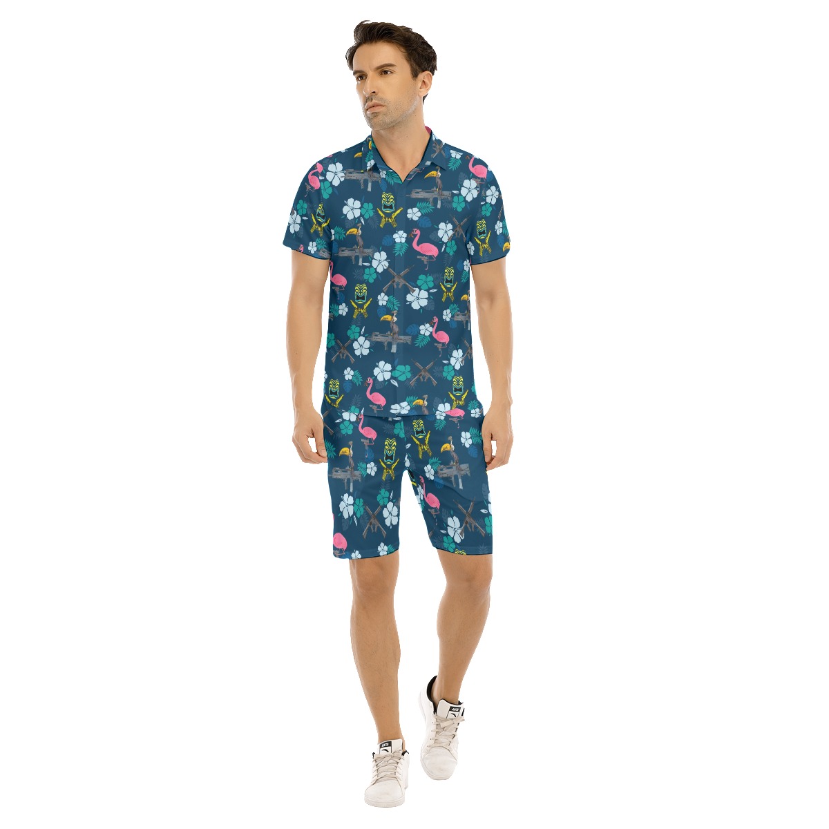 Set Tiki Tactical Flamingo Hawaiian Shirt And Matching Shorts For Men - variant image 1