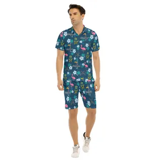 Set Tiki Tactical Flamingo Hawaiian Shirt And Matching Shorts For Men