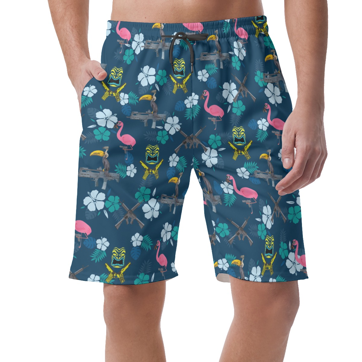 Funny Tactical Tiki Parrot Hibiscus Hawaiian Beach Shorts For Men - variant image 1