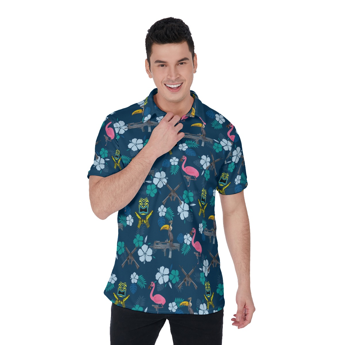 Hibiscus Parrot Tiki Gun Hawaiian Polo Golf Shirt For Men - variant image 1
