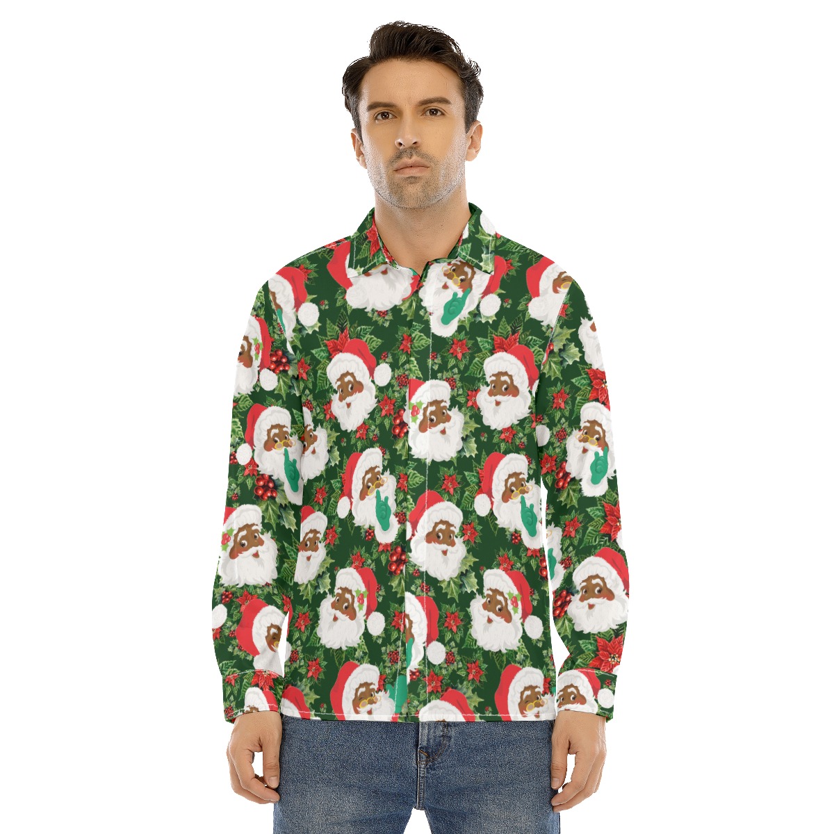 African American Santa Long Sleeve Christmas Hawaiian Shirt For Men - variant image 1
