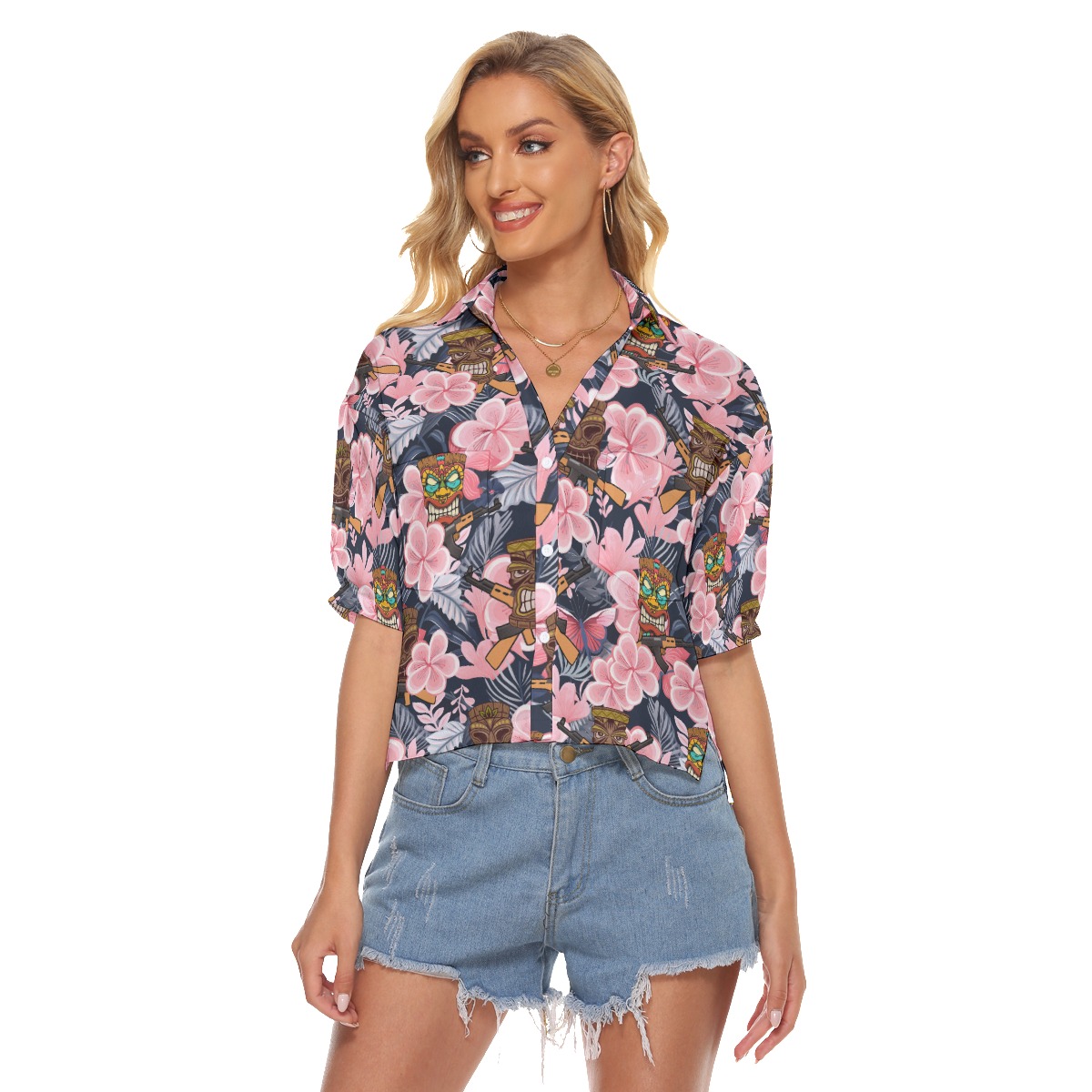 Tropical Tiki Tactical Gun Vintage Hawaiian V-Neck Shirt For Women - variant image 1