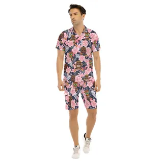 Set Tactical Tiki Floral Hawaiian Shirt And Matching Shorts For Men