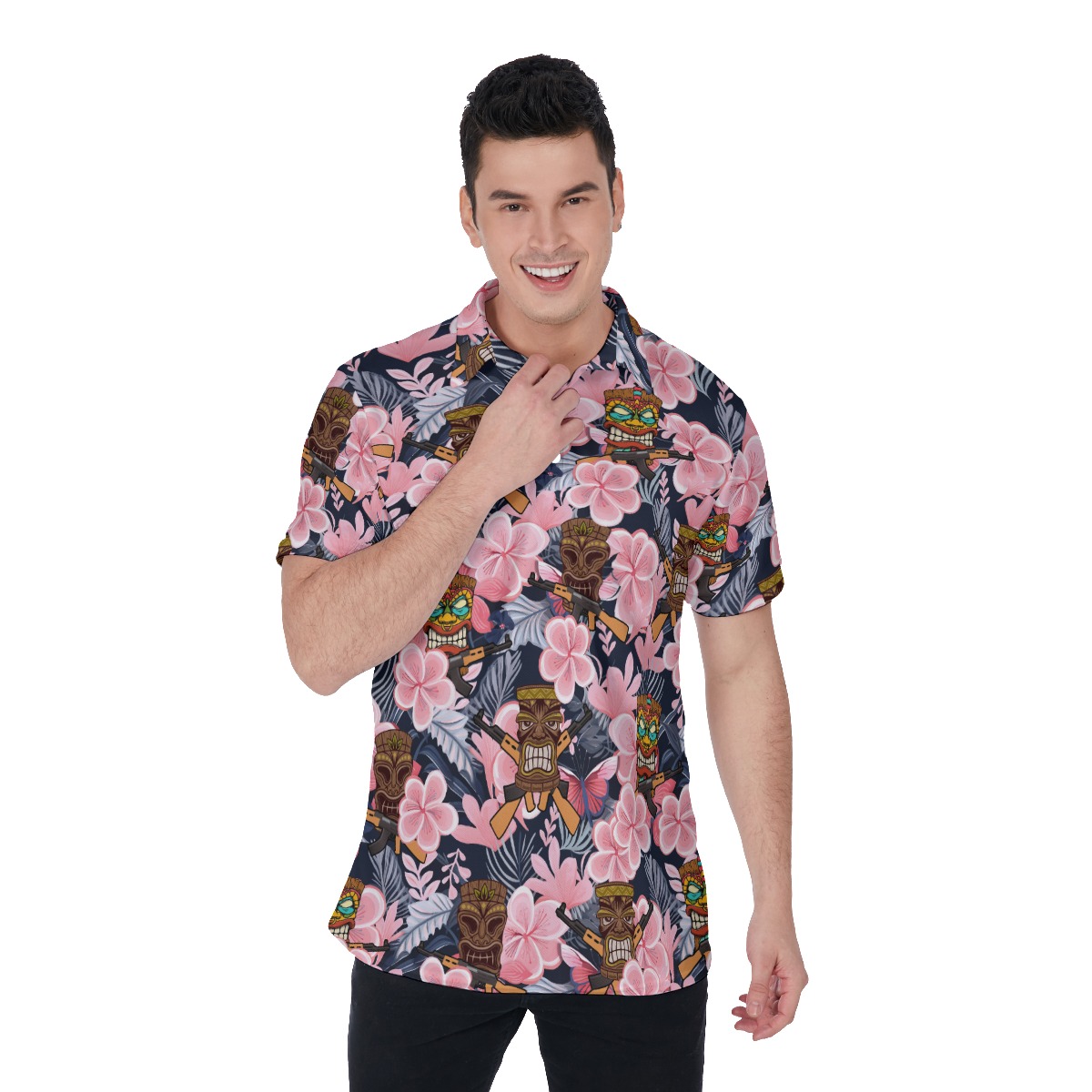 Funny Tiki With Gun Floral Hawaiian Polo Shirt For Men - variant image 1