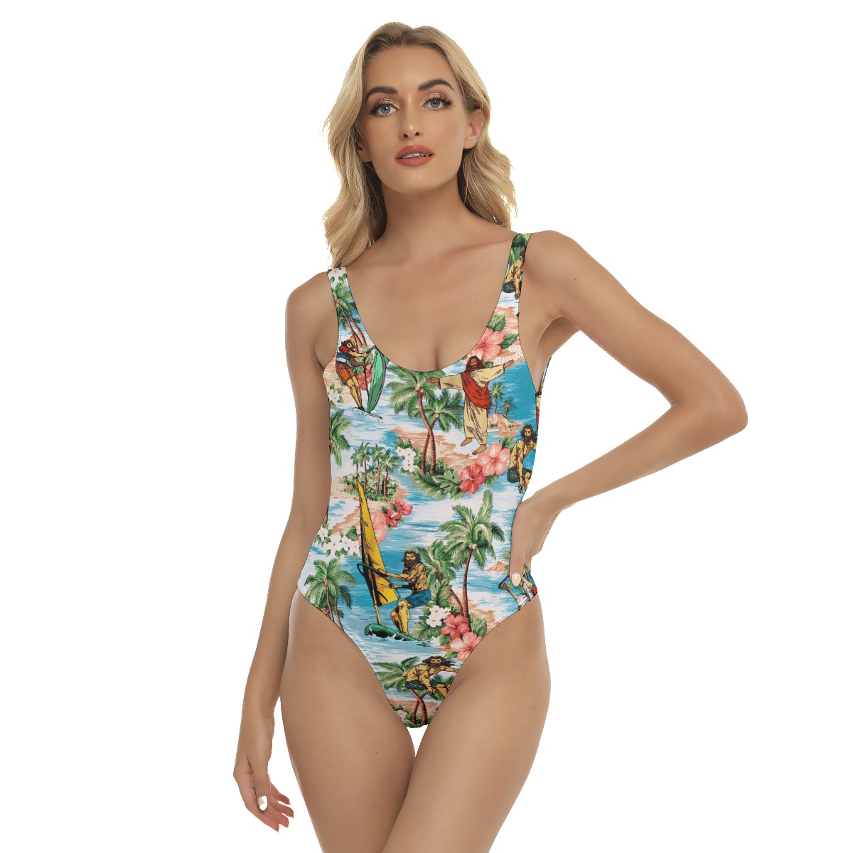 Cool Surfing Jesus One Piece Hawaiian Swimsuit For Women - variant image 1