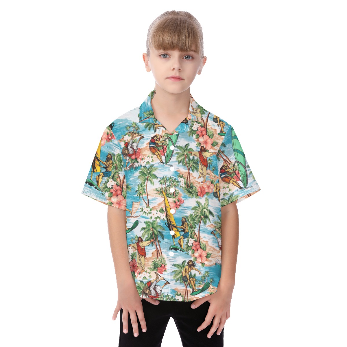 Cool Kid's Surfing Jesus Hawaiian Shirt For Vacation - variant image 1