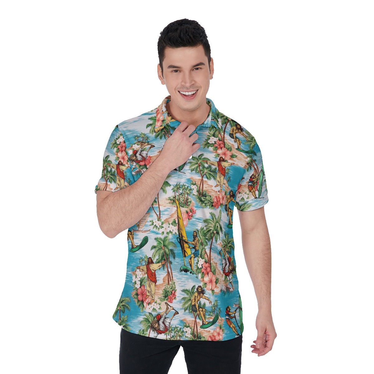 Funny Surfing Jesus Hawaiian Christmas Polo Shirt For Men - variant image 1