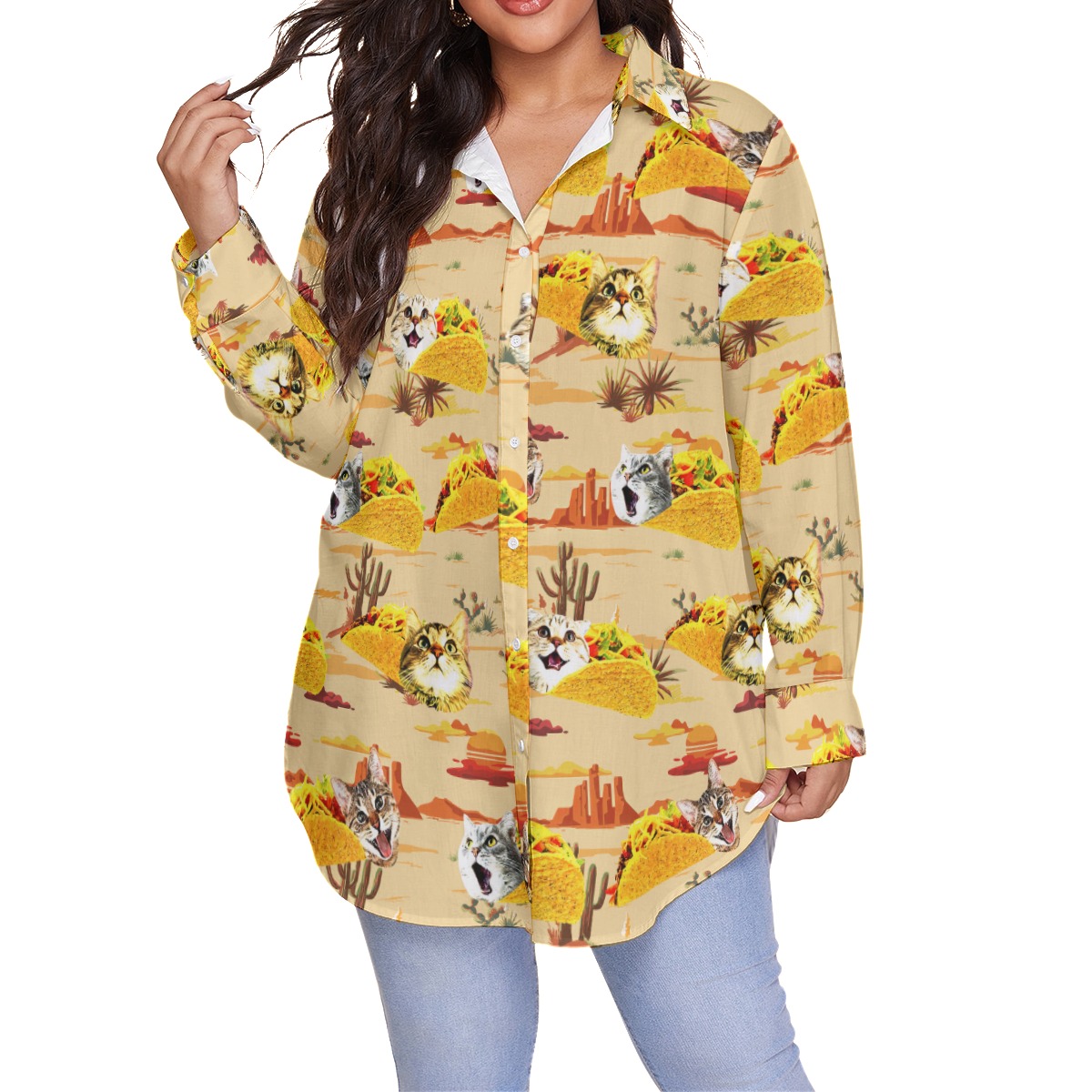 Funny Taco Cat Vintage Hawaiian Blouse Shirt For Women - variant image 1