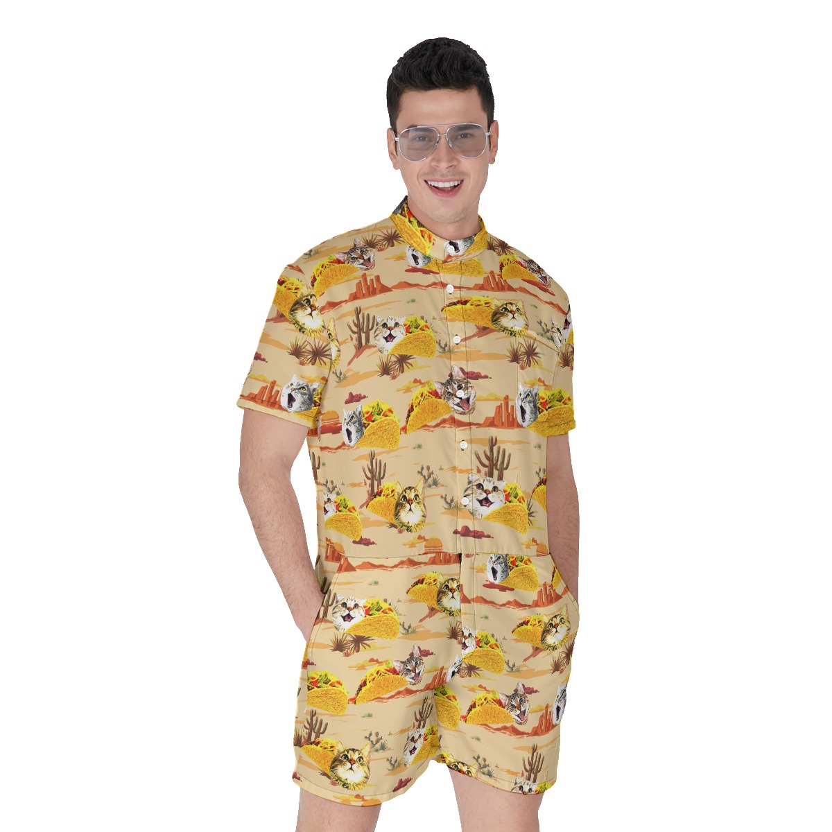 Funny Taco Cat Yellow Men's Hawaiian Romper For Summer - variant image 1