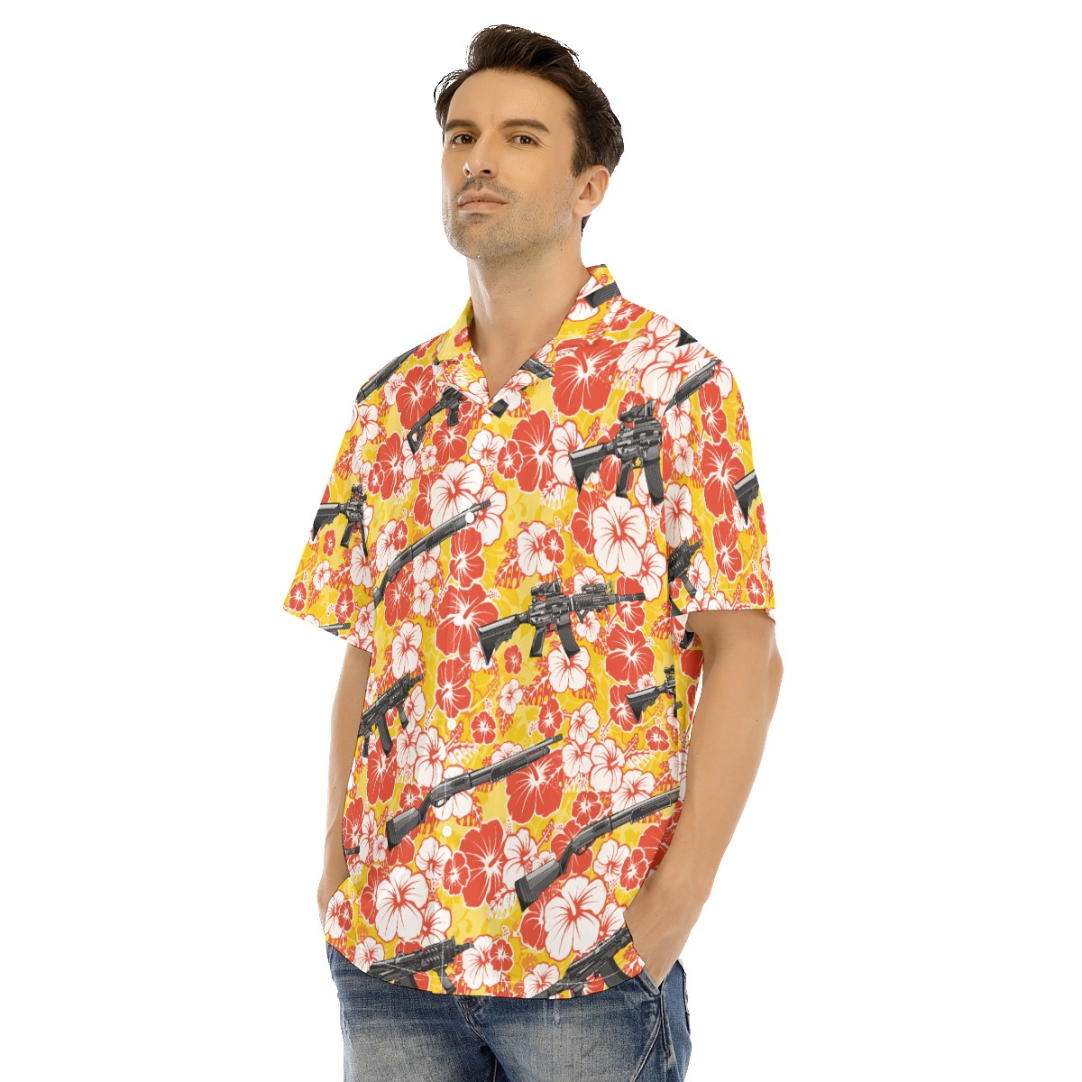 Yellow Hibiscus Tactical Gun Hawaiian Collared Shirt