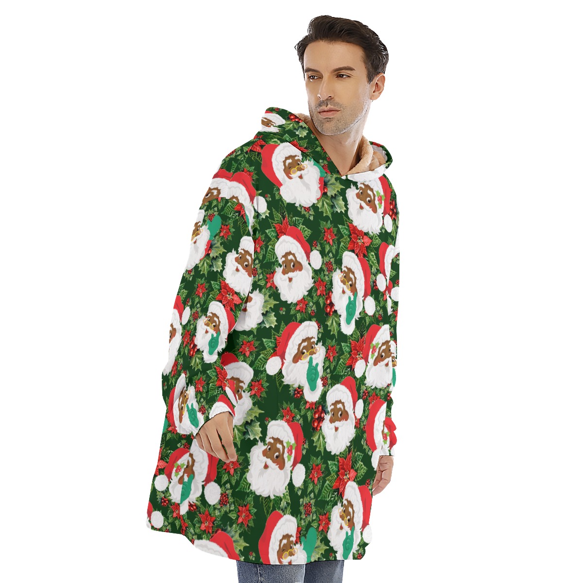 Tropical African American Santa Hawaiian Christmas Blanket Hoodie