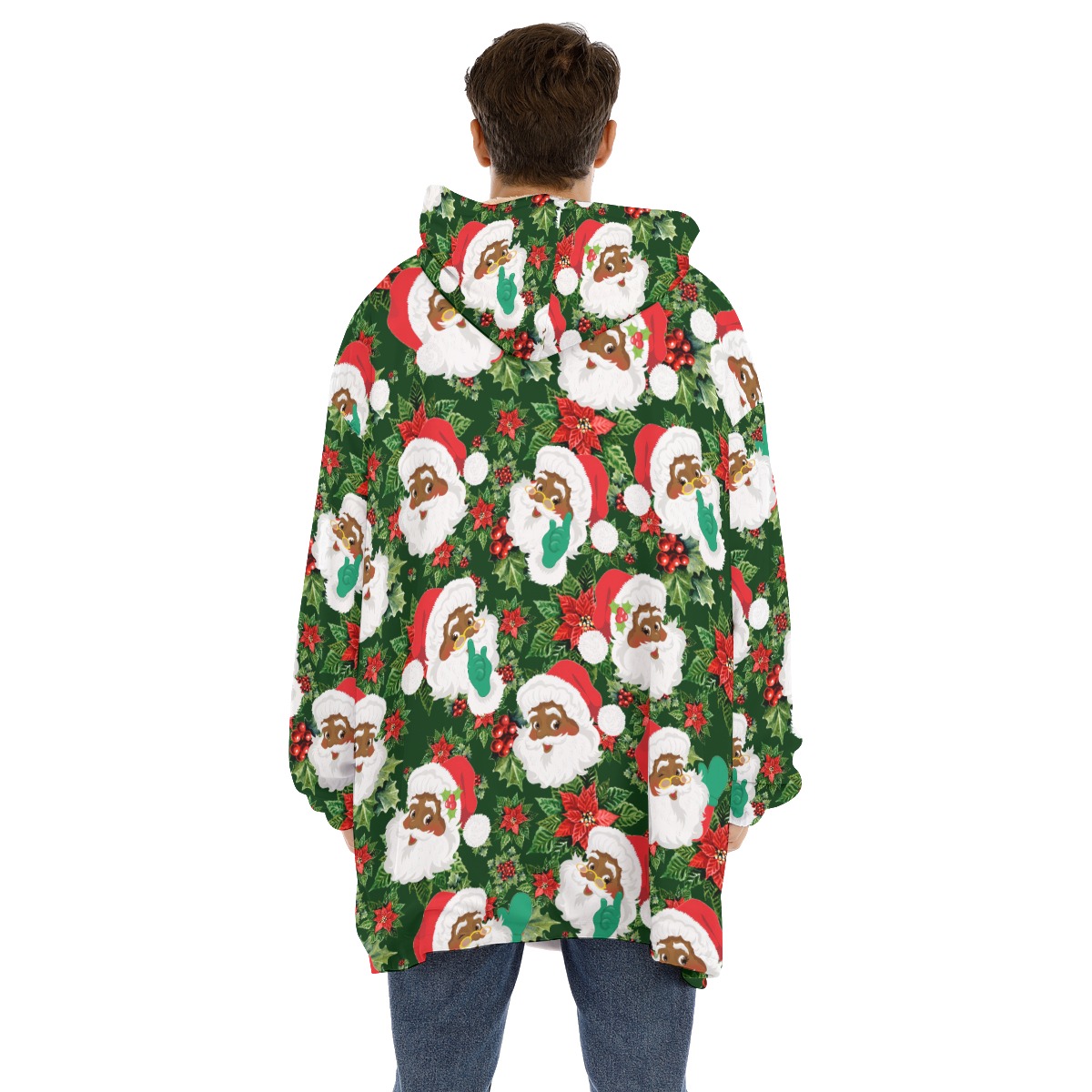 Tropical African American Santa Hawaiian Christmas Blanket Hoodie