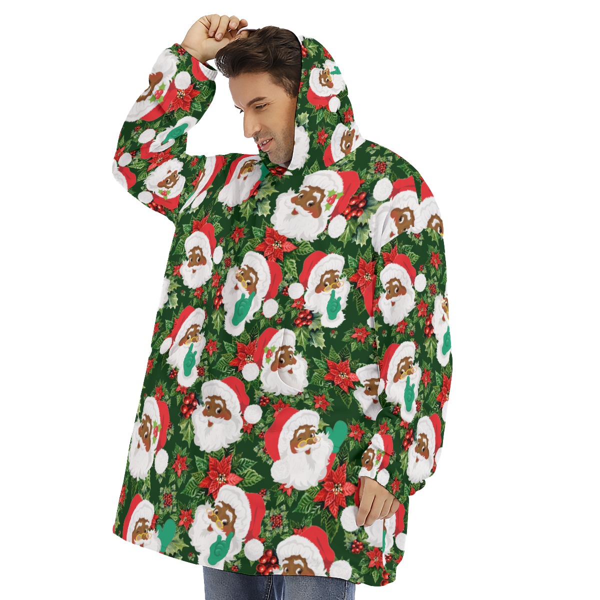 Tropical African American Santa Hawaiian Christmas Blanket Hoodie