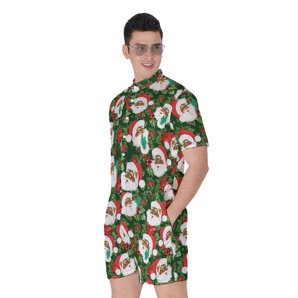 Tropical Black Santa Christmas Romper For Men