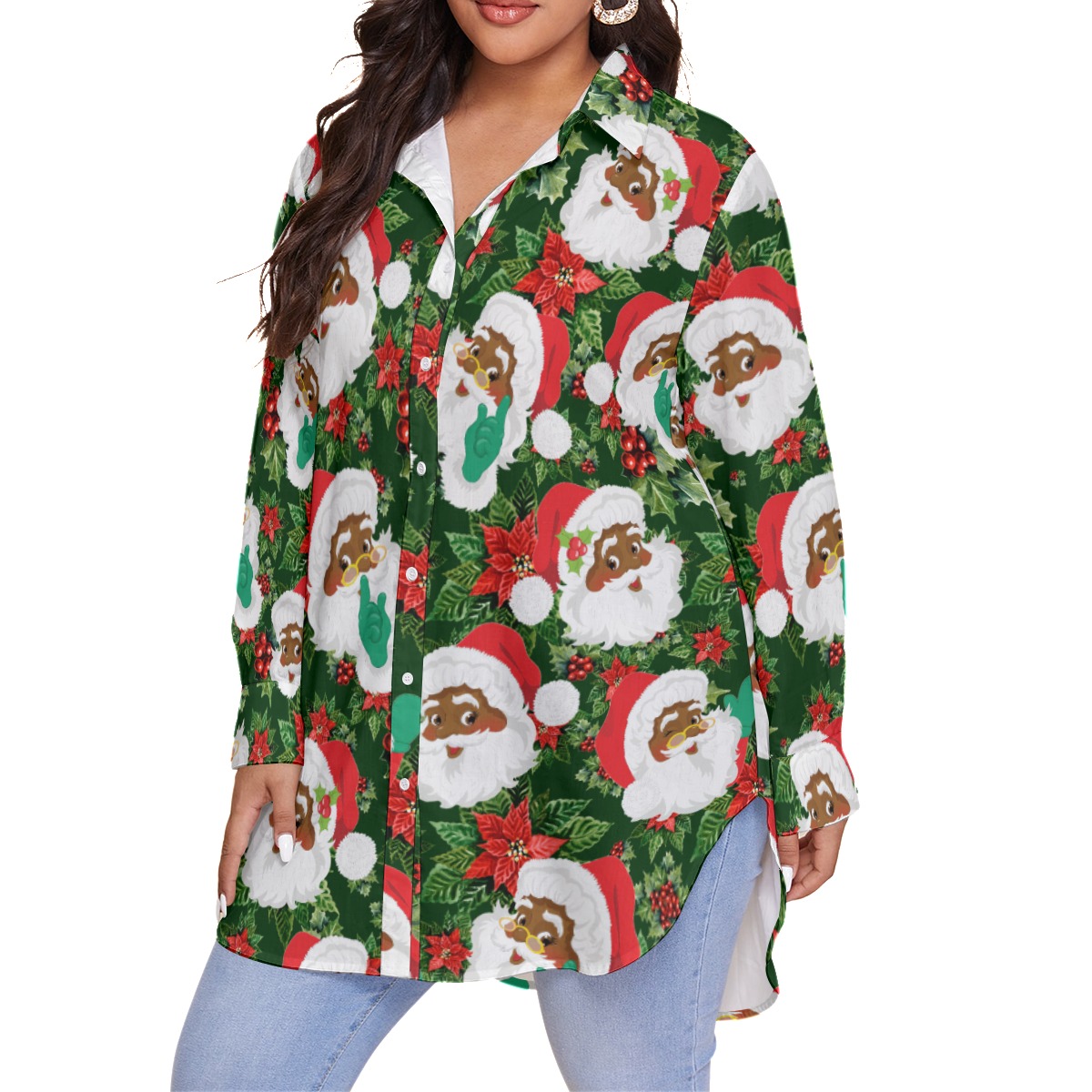 African American Black Santa Plus Size Christmas Hawaiian Shirt For Women
