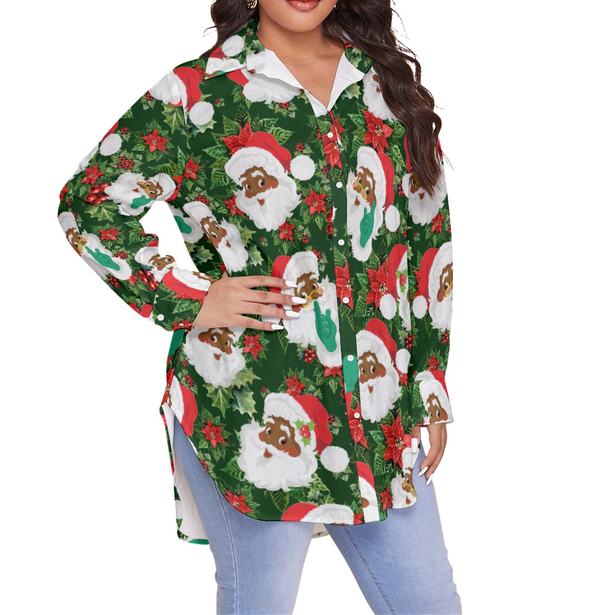 African American Black Santa Plus Size Christmas Hawaiian Shirt For Women