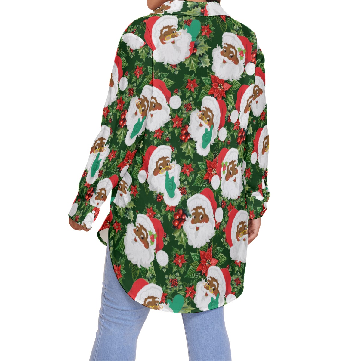 African American Black Santa Plus Size Christmas Hawaiian Shirt For Women