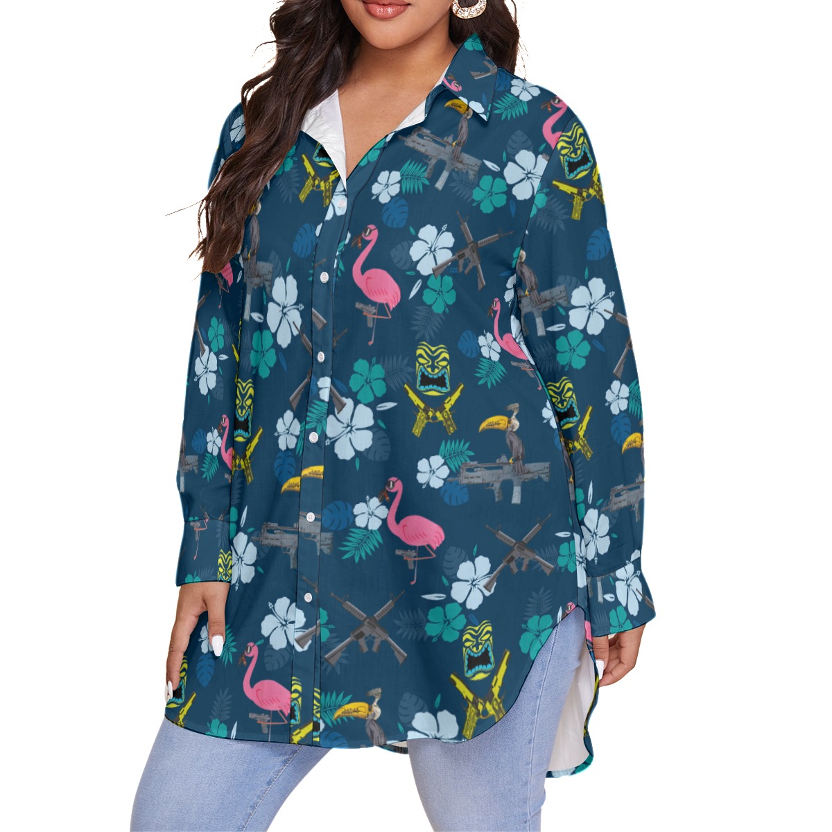 Funny Tactical Parrot Flamingo Hibiscus Hawaiian Plus Size Shirt For Women