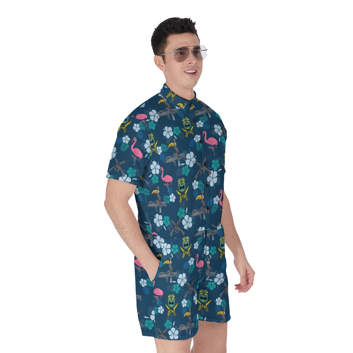 Cool Tactical Parrot Tiki Blue Hawaiian Romper For Men