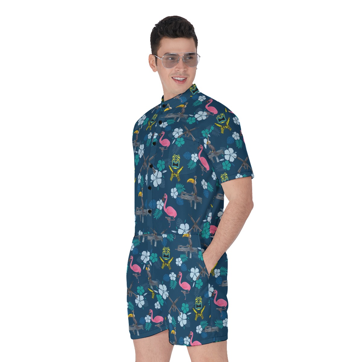 Cool Tactical Parrot Tiki Blue Hawaiian Romper For Men
