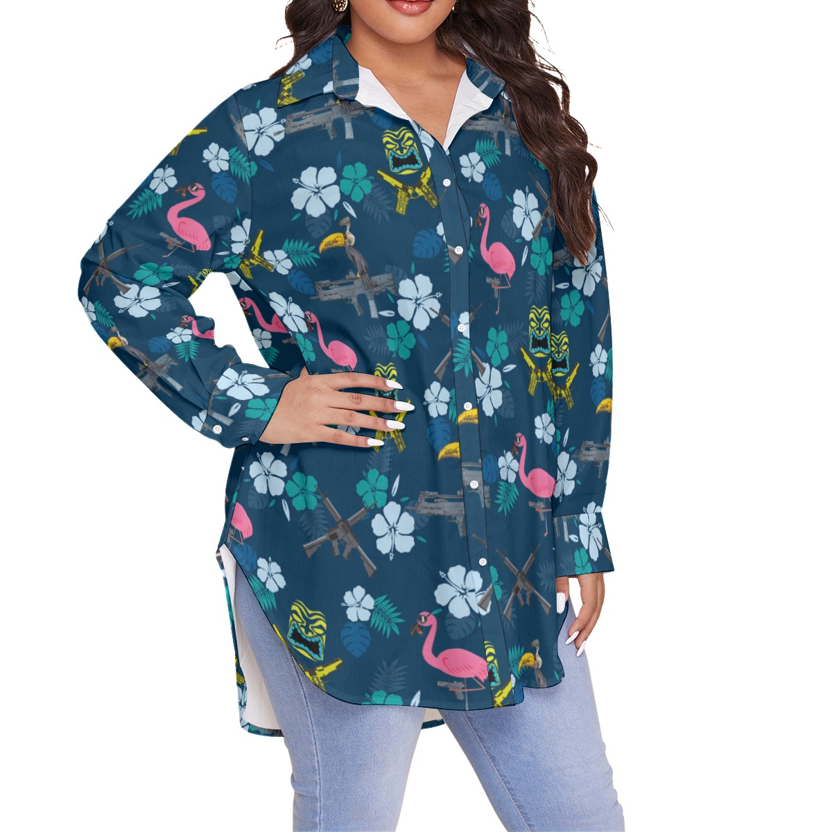 Funny Tactical Parrot Flamingo Hibiscus Hawaiian Plus Size Shirt For Women