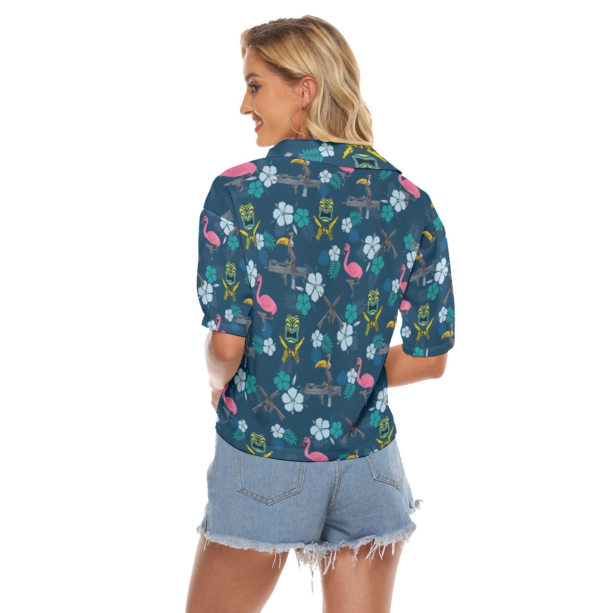 Hibiscus Parrot Tiki Gun Navy Hawaiian Cropped Shirt For Women