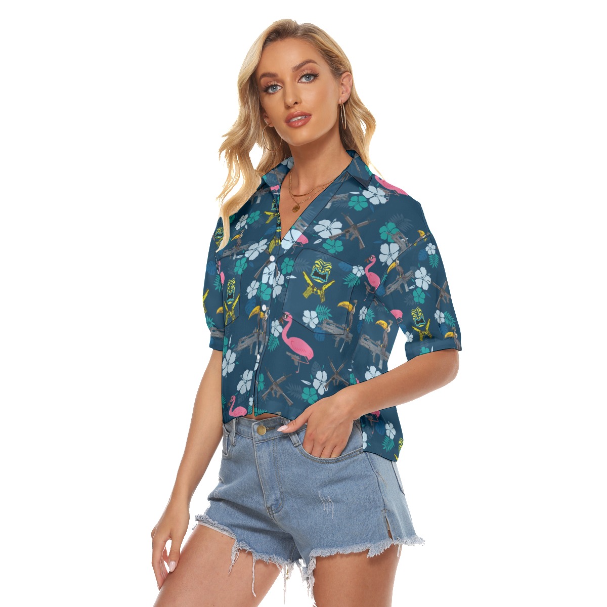 Hibiscus Parrot Tiki Gun Navy Hawaiian Cropped Shirt For Women