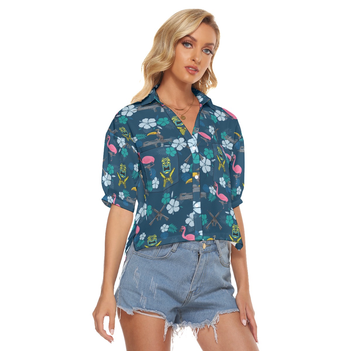 Hibiscus Parrot Tiki Gun Navy Hawaiian Cropped Shirt For Women