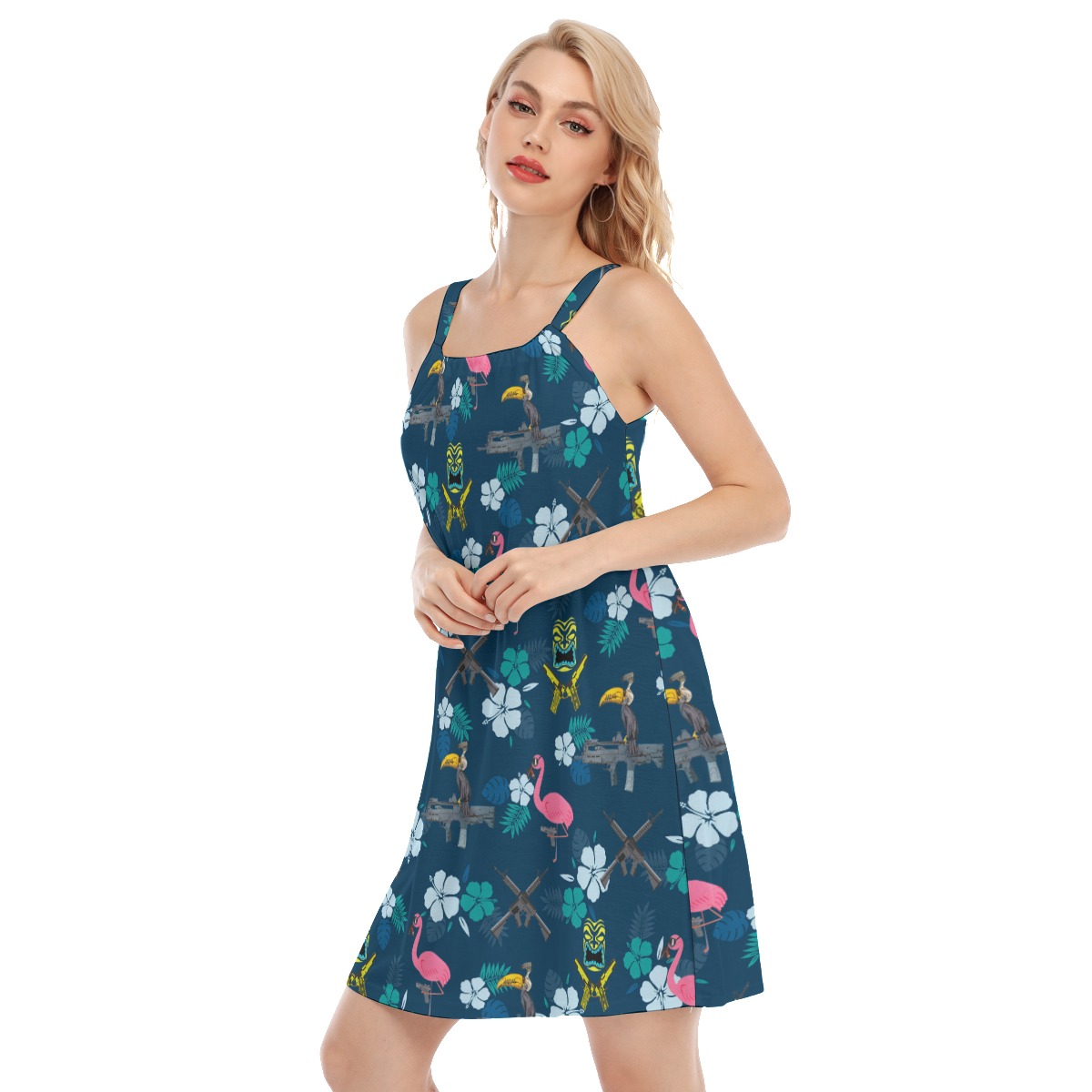 Funny Tactical Parrot Tiki Navy Hawaiian Cami Dresses For Women