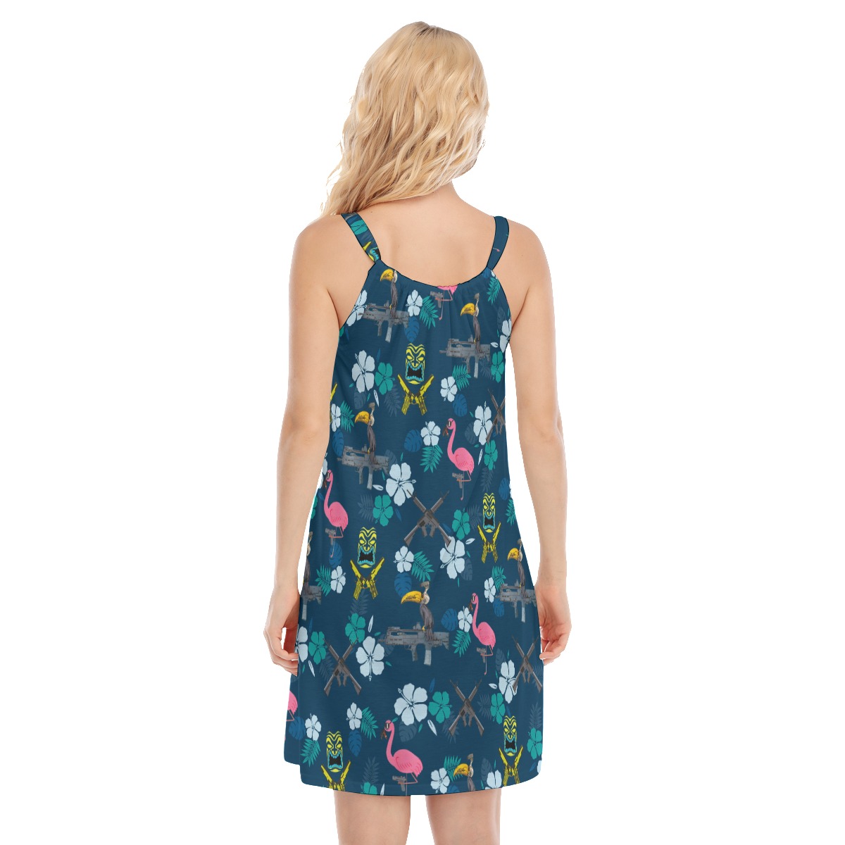 Funny Tactical Parrot Tiki Navy Hawaiian Cami Dresses For Women