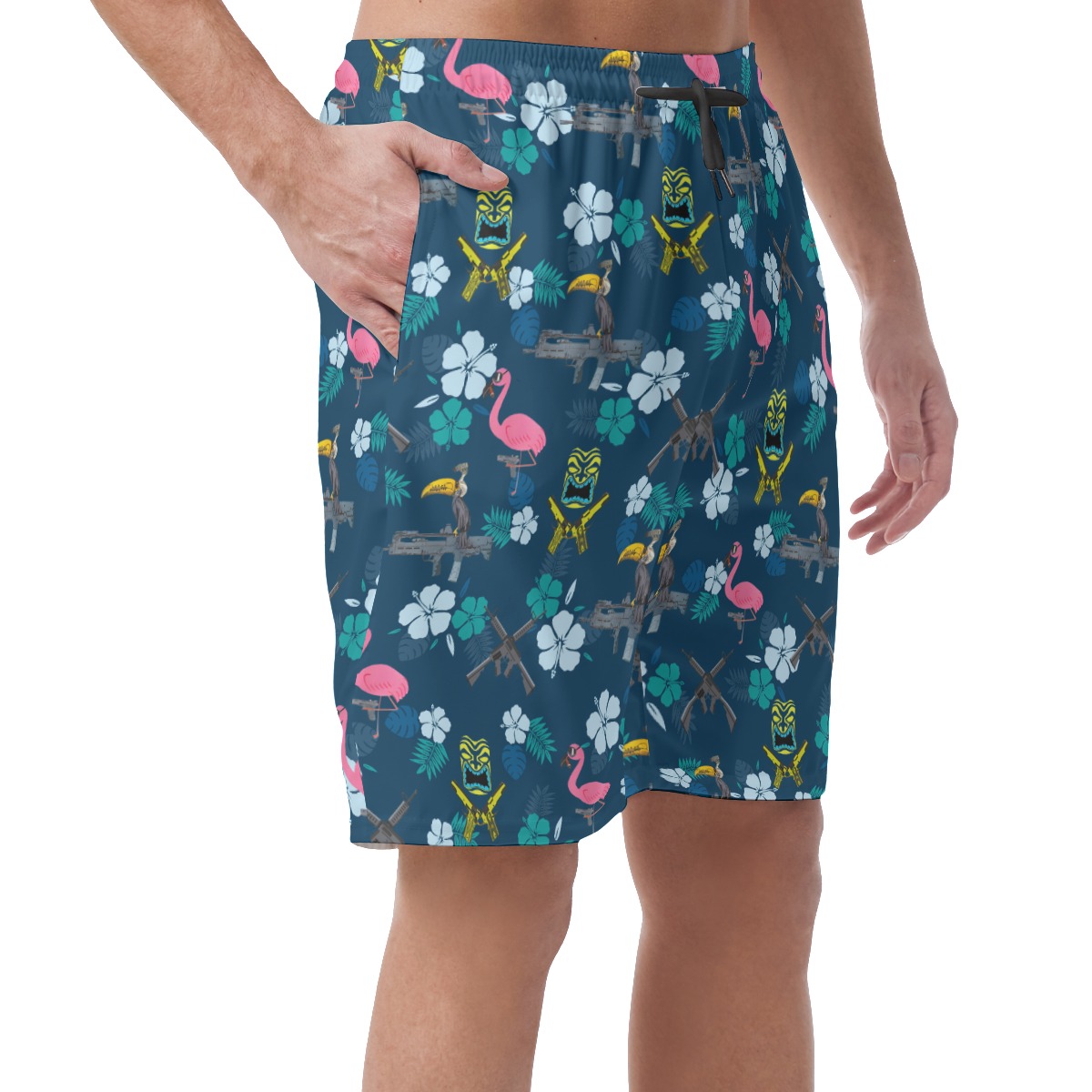 Funny Tactical Tiki Parrot Hibiscus Hawaiian Beach Shorts For Men