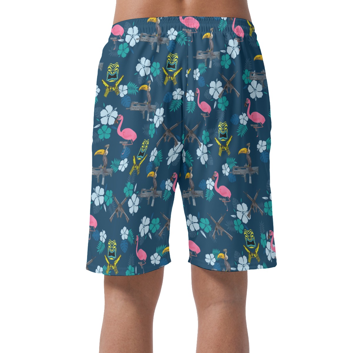 Funny Tactical Tiki Parrot Hibiscus Hawaiian Beach Shorts For Men