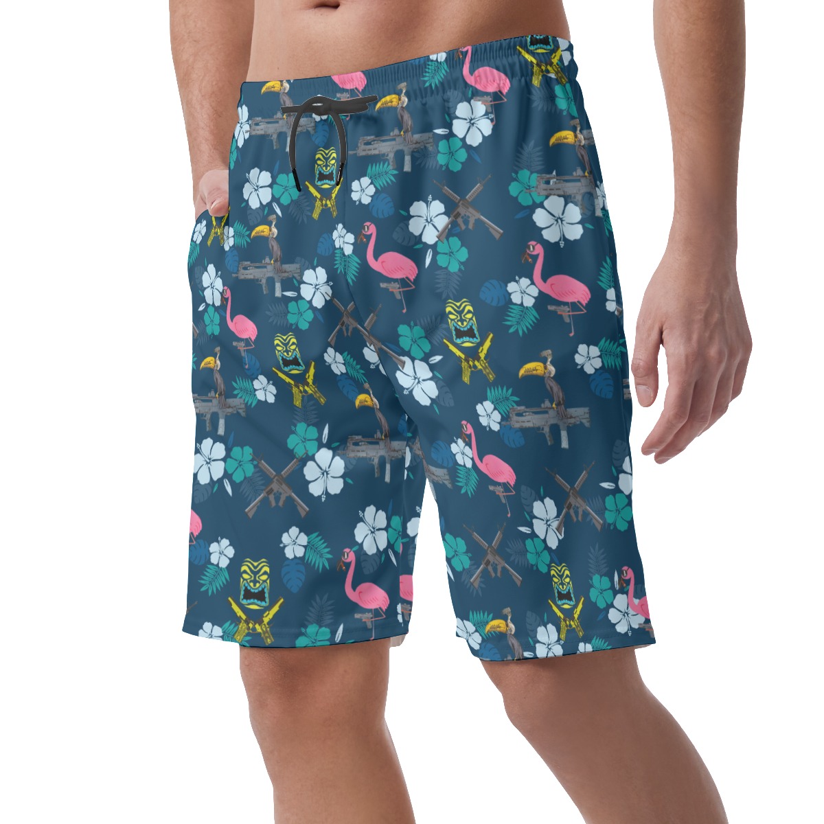 Funny Tactical Tiki Parrot Hibiscus Hawaiian Beach Shorts For Men