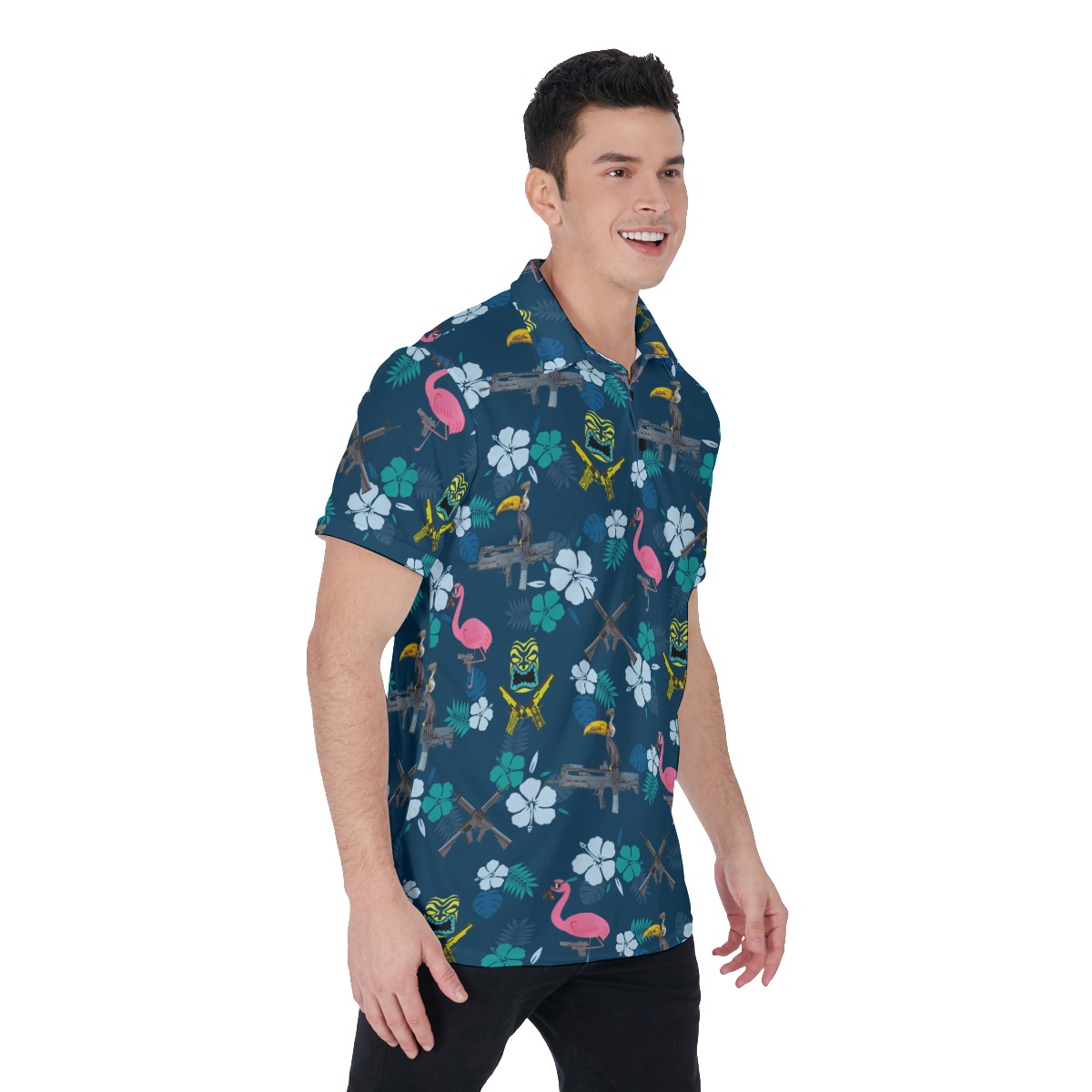 Hibiscus Parrot Tiki Gun Hawaiian Polo Golf Shirt For Men