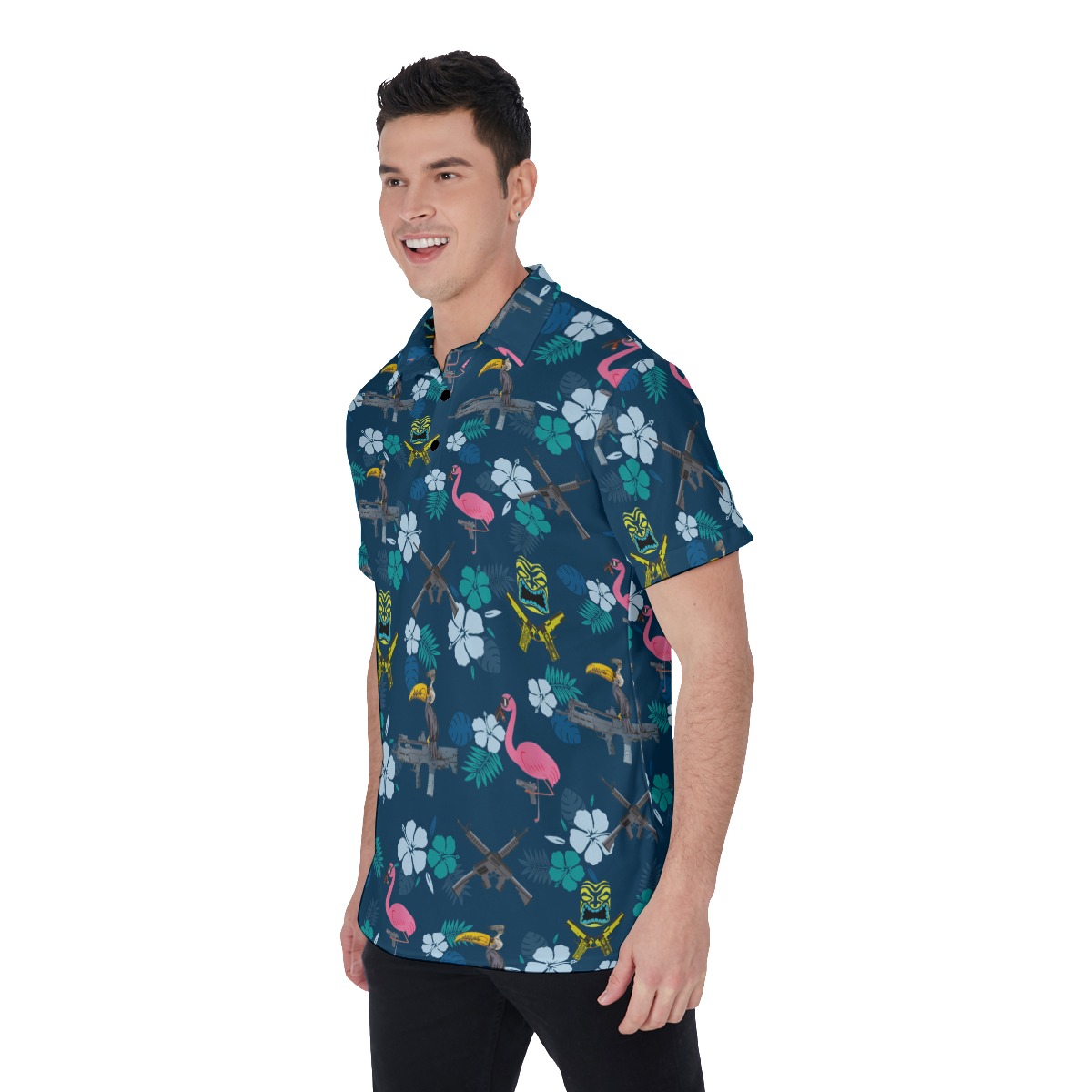 Hibiscus Parrot Tiki Gun Hawaiian Polo Golf Shirt For Men