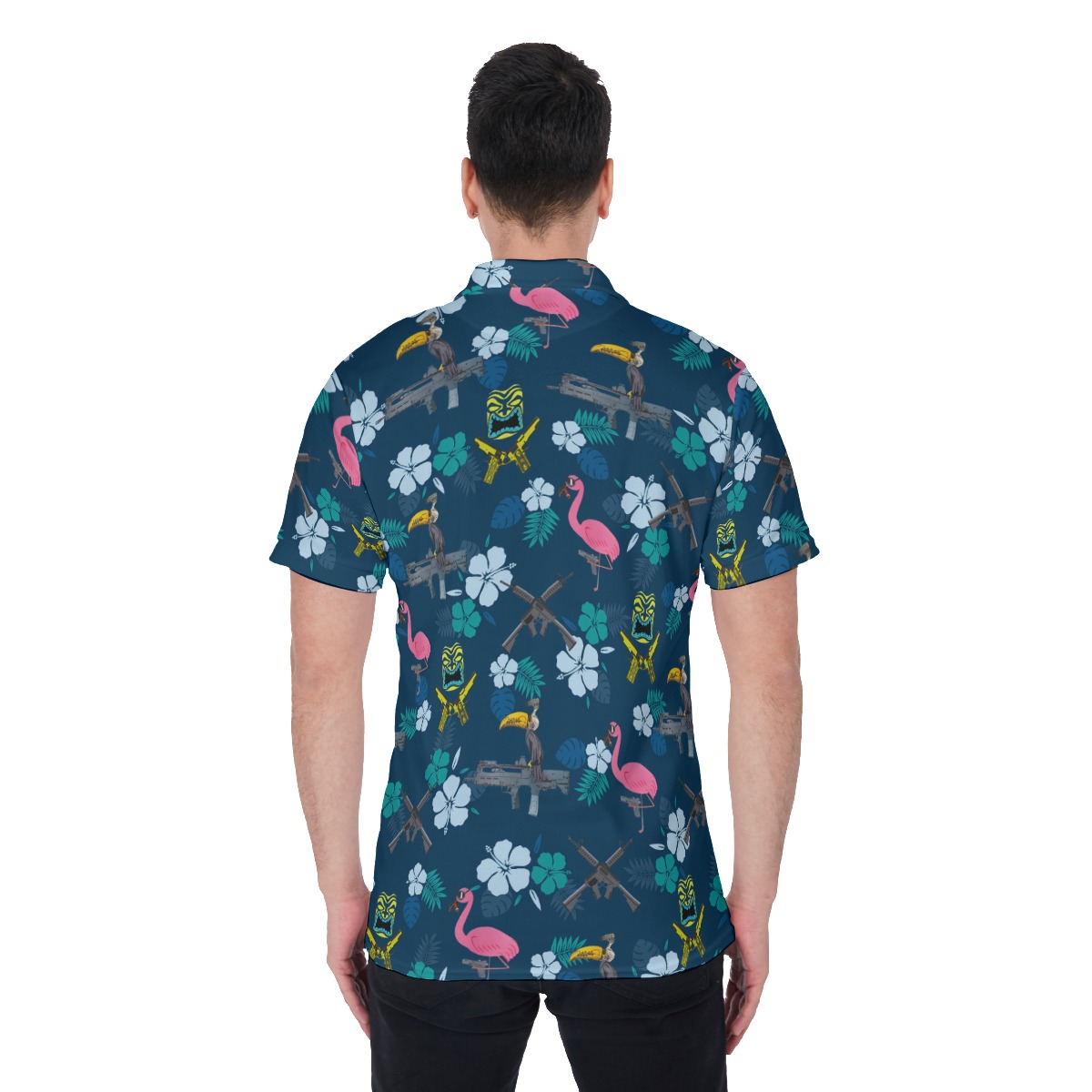 Hibiscus Parrot Tiki Gun Hawaiian Polo Golf Shirt For Men