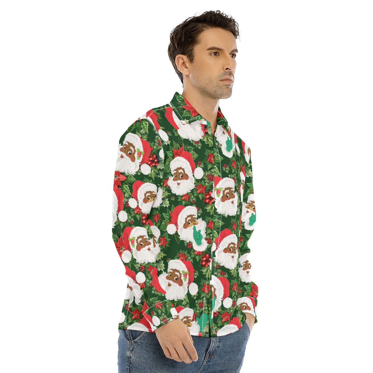 African American Santa Long Sleeve Christmas Hawaiian Shirt For Men