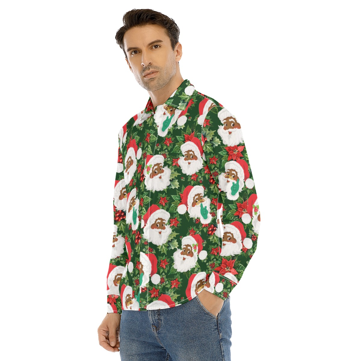 African American Santa Long Sleeve Christmas Hawaiian Shirt For Men