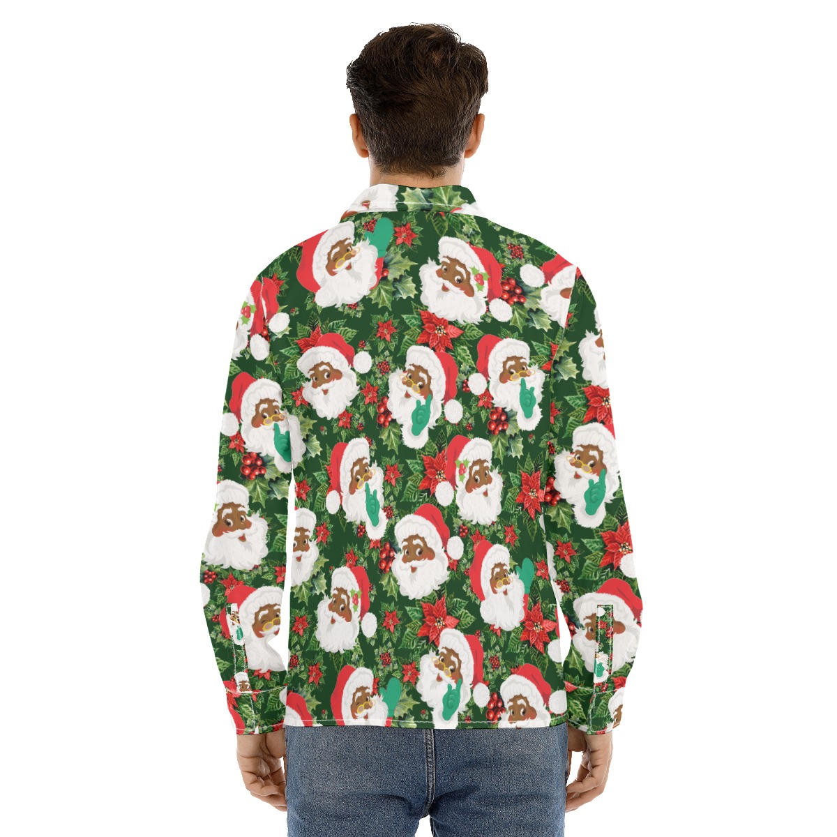 African American Santa Long Sleeve Christmas Hawaiian Shirt For Men