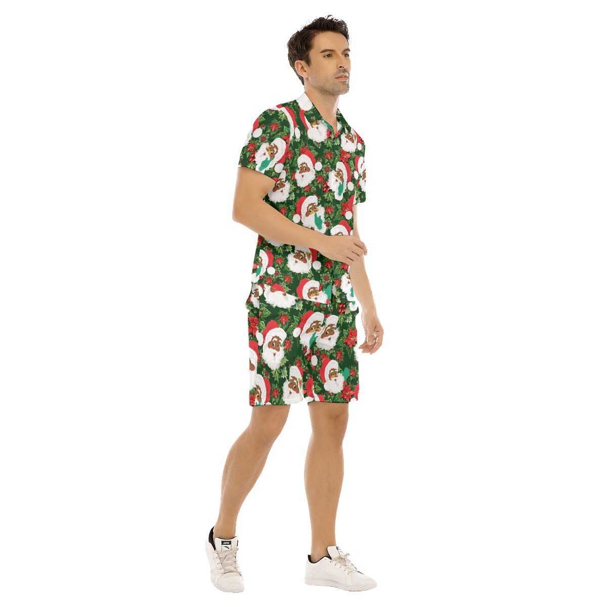 Black Santa Tropical Hawaiian Shirt Shorts Set For Men