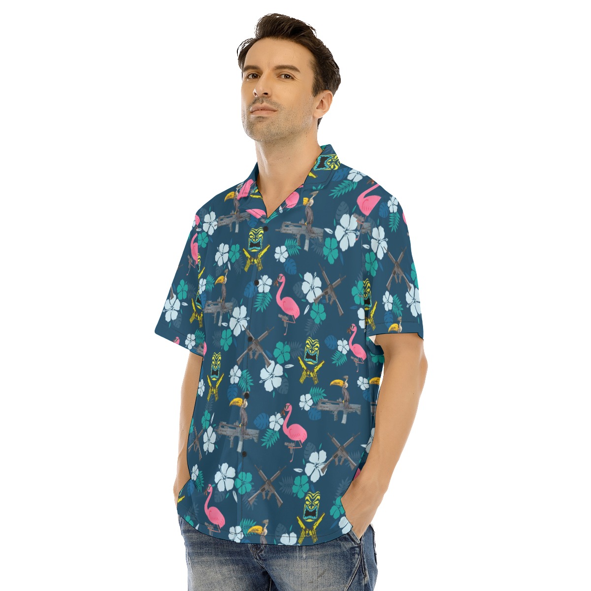 Funny Tactical Parrot Flamingo Navy Hawaiian Shirt