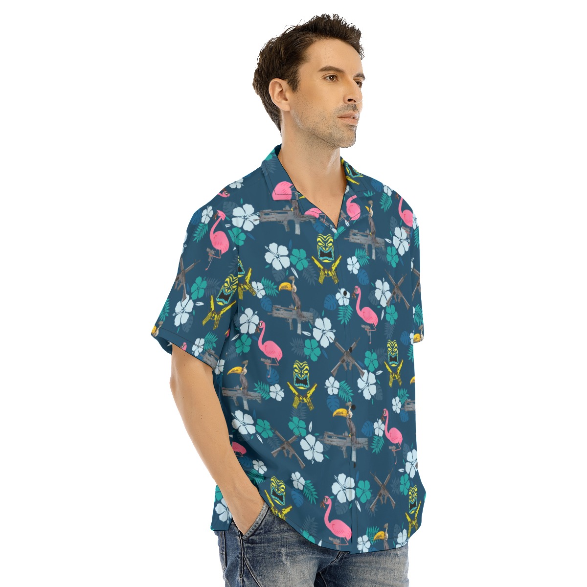 Funny Tactical Parrot Flamingo Navy Hawaiian Shirt