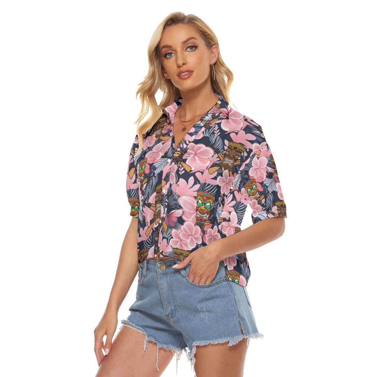 Tropical Tiki Tactical Gun Vintage Hawaiian V-Neck Shirt For Women