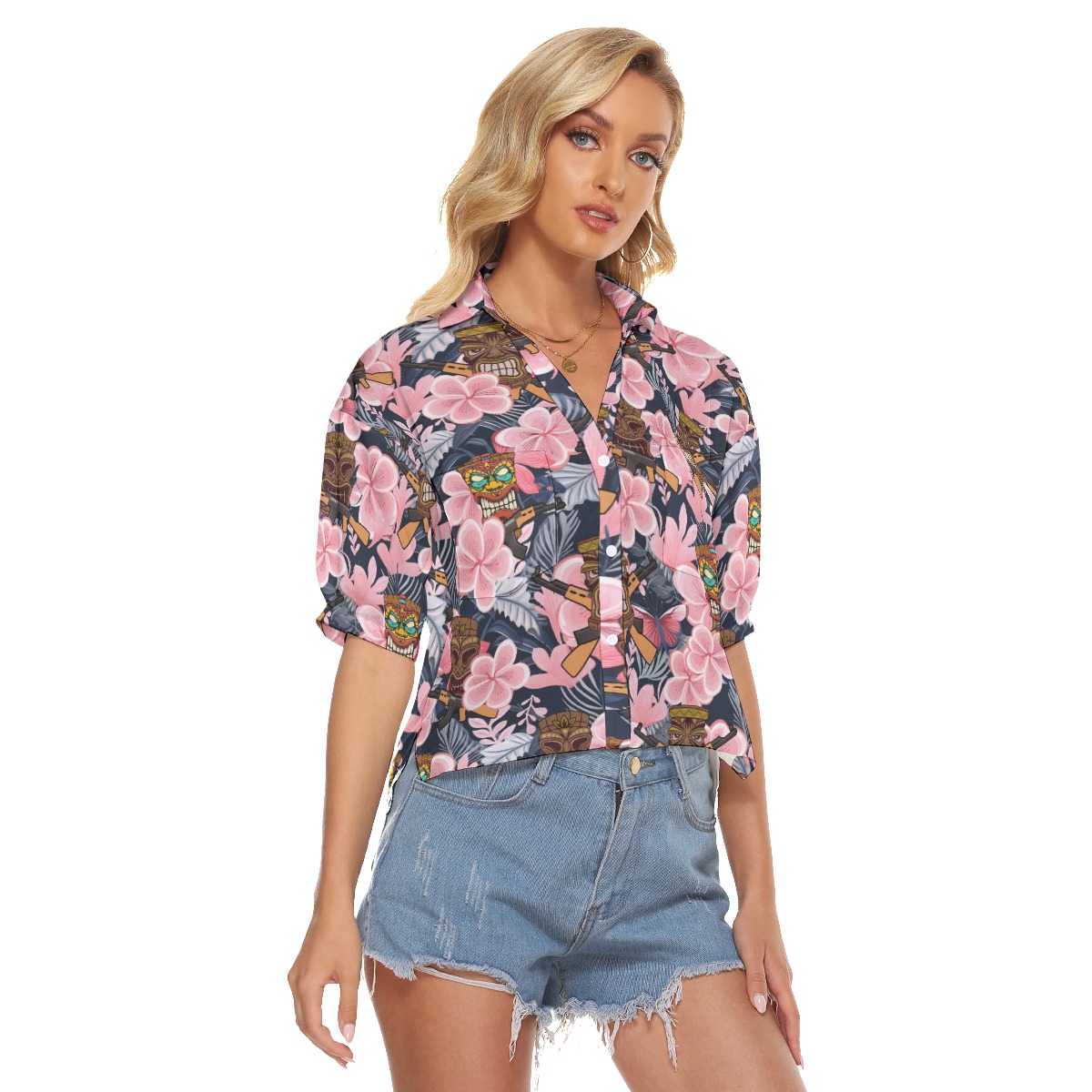 Tropical Tiki Tactical Gun Vintage Hawaiian V-Neck Shirt For Women