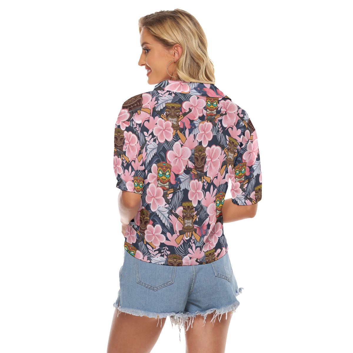 Tropical Tiki Tactical Gun Vintage Hawaiian V-Neck Shirt For Women