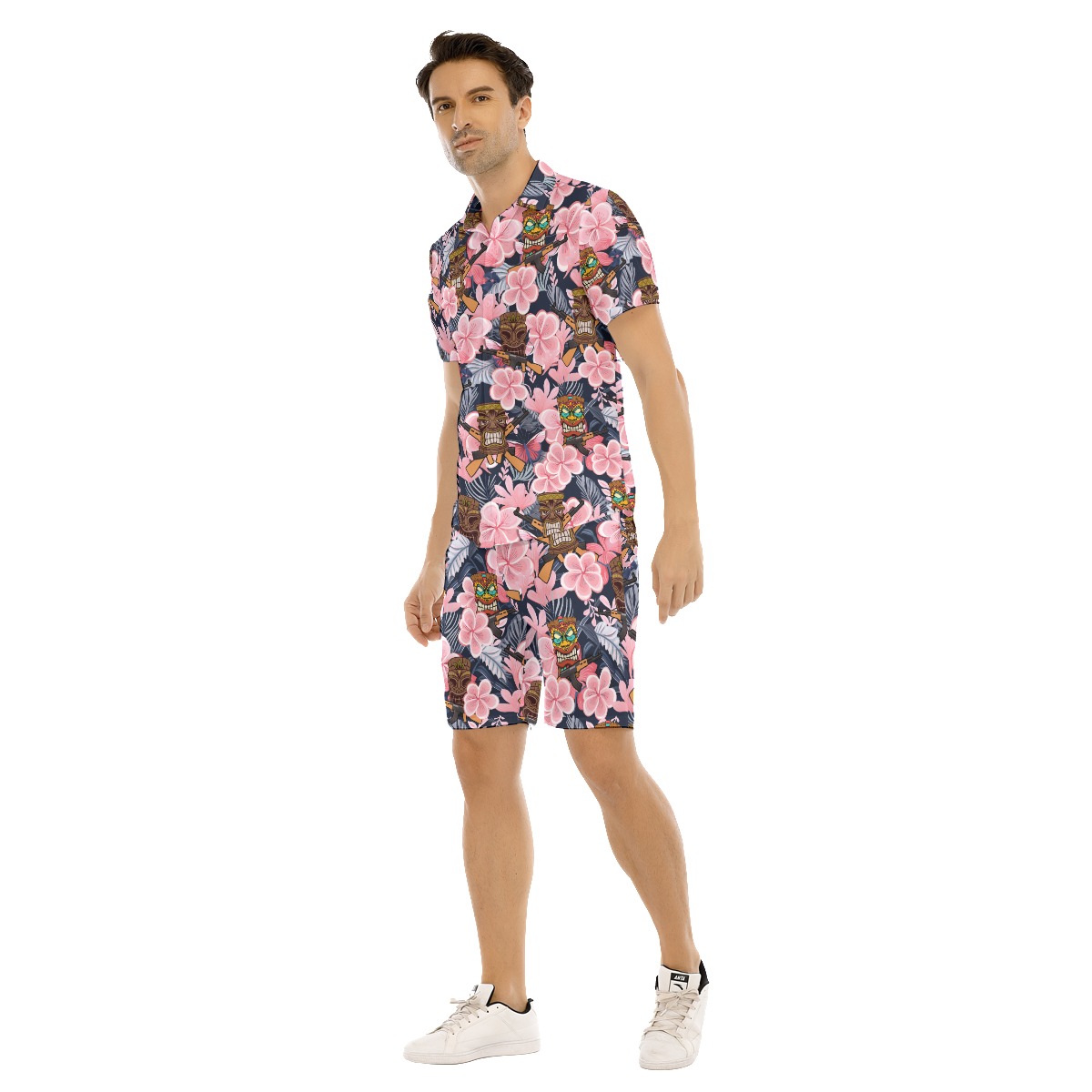 Set Tactical Tiki Floral Hawaiian Shirt And Matching Shorts For Men